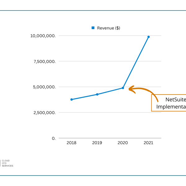 Line chart showing how switching to NetSuite increase revenue for one client by 120%